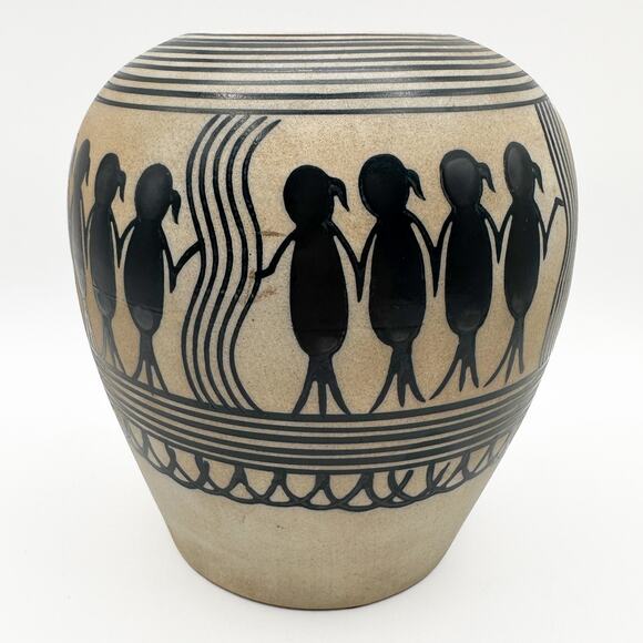 Saura or Warli Indian Tribal Folk Art Black Cream Ceramic Vase Urn w Children - Picture 6 of 13